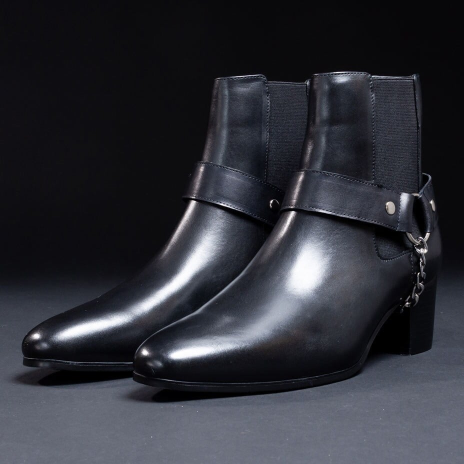 サイドゴア レザー リングブーツ / チェーン ハイヒール | エン