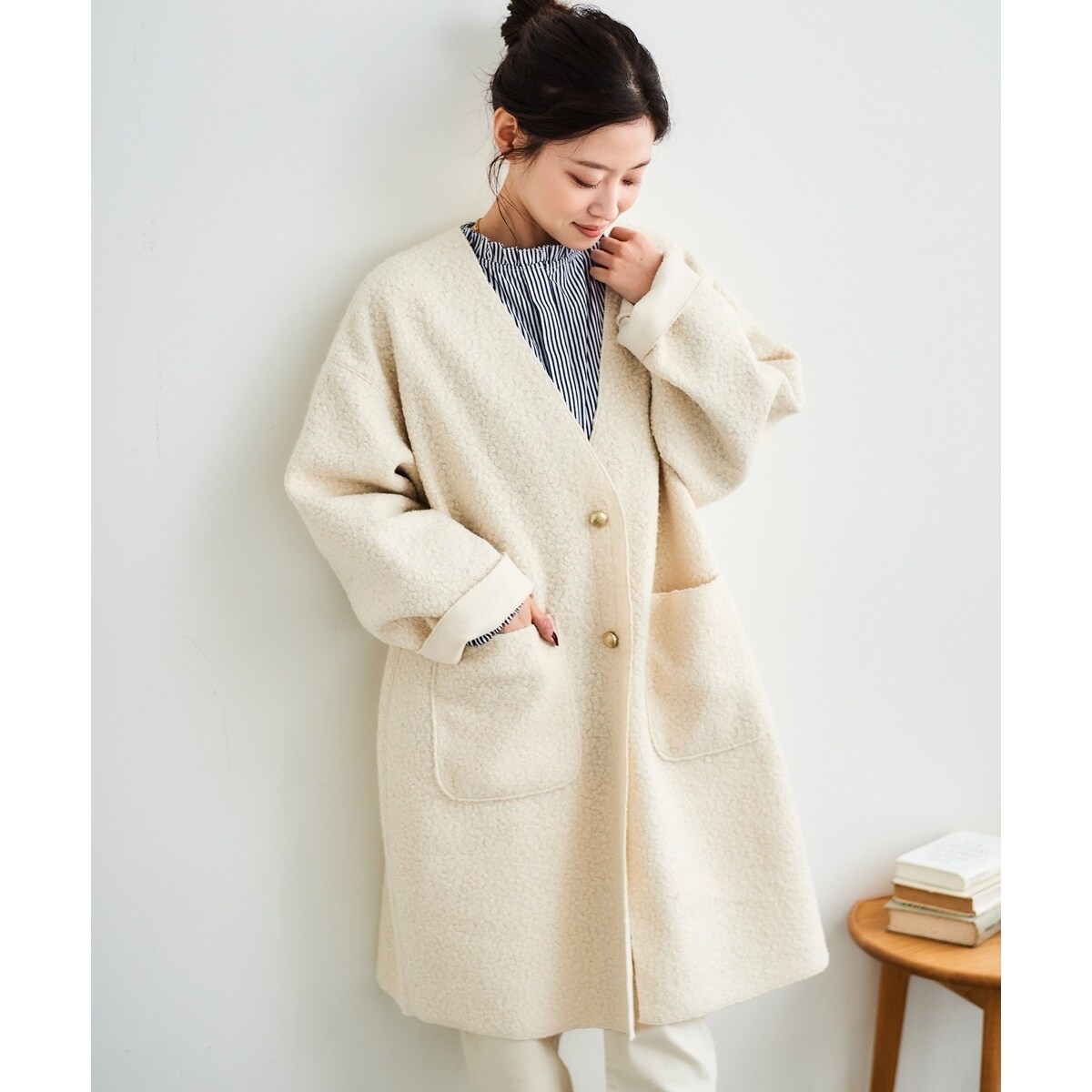 【新品】le.coeur blanc ルクールブラン ノーカラーウールコート ウールブレンドVネックノーカラーコート/le.coeur blanc