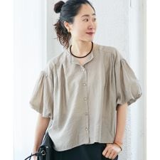 《手洗い可能》サテンノーカラーバルーンブラウス