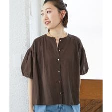 《手洗い可能》サテンノーカラーバルーンブラウス