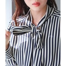 【日本製】ストライプボウタイブラウス