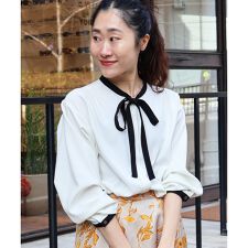 【日本製】バイカラーボウタイブラウス