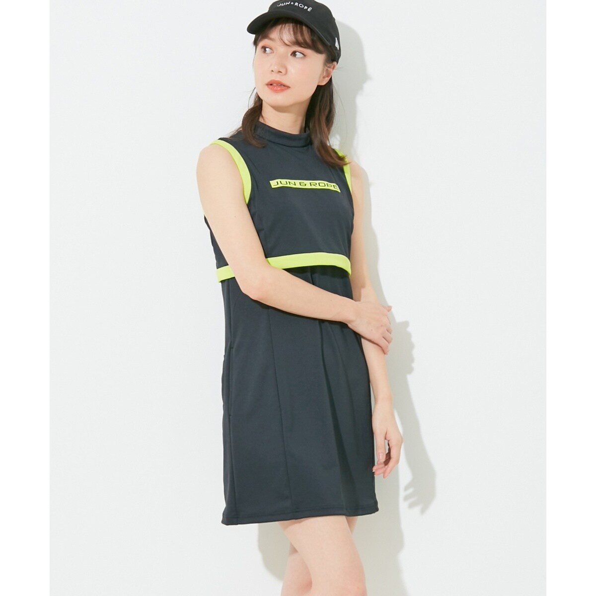 UV】【接触冷感】【防透】ハイウエスト切替ノースリーブワンピース