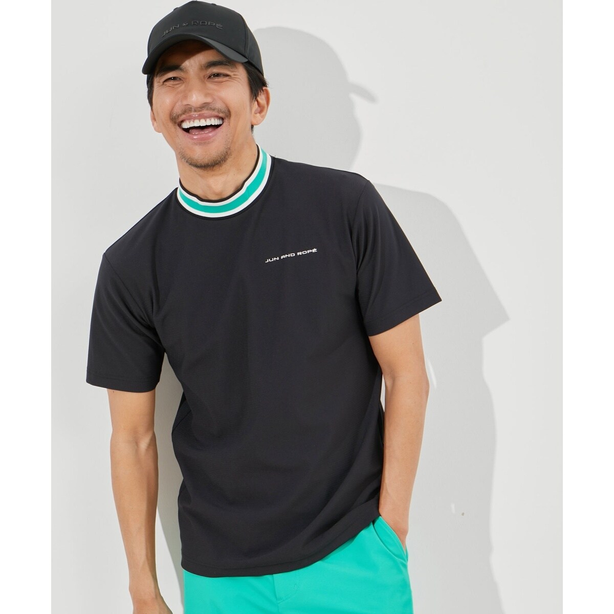 UV】【吸水速乾】ストレッチメッシュ衿ライン半袖モックネックシャツ