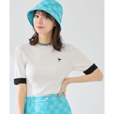 ロゴ使いリブ5分袖クルーネックプルオーバー