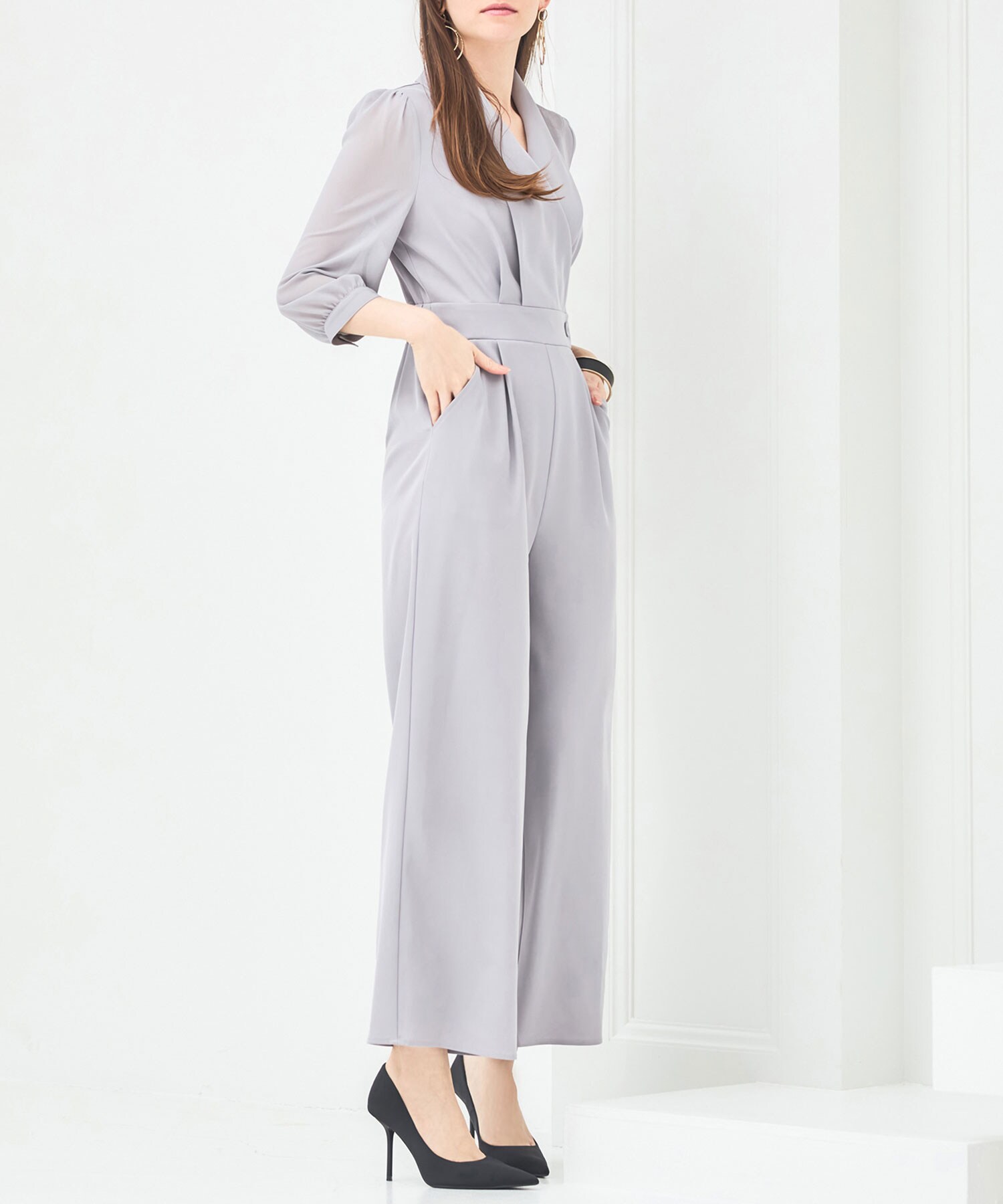 パンツドレス ジャンプスーツ 無地 Vネック 結婚式 パーティー DRESS+ パンツドレス ジャンプスーツ シフォン S M L パーティー