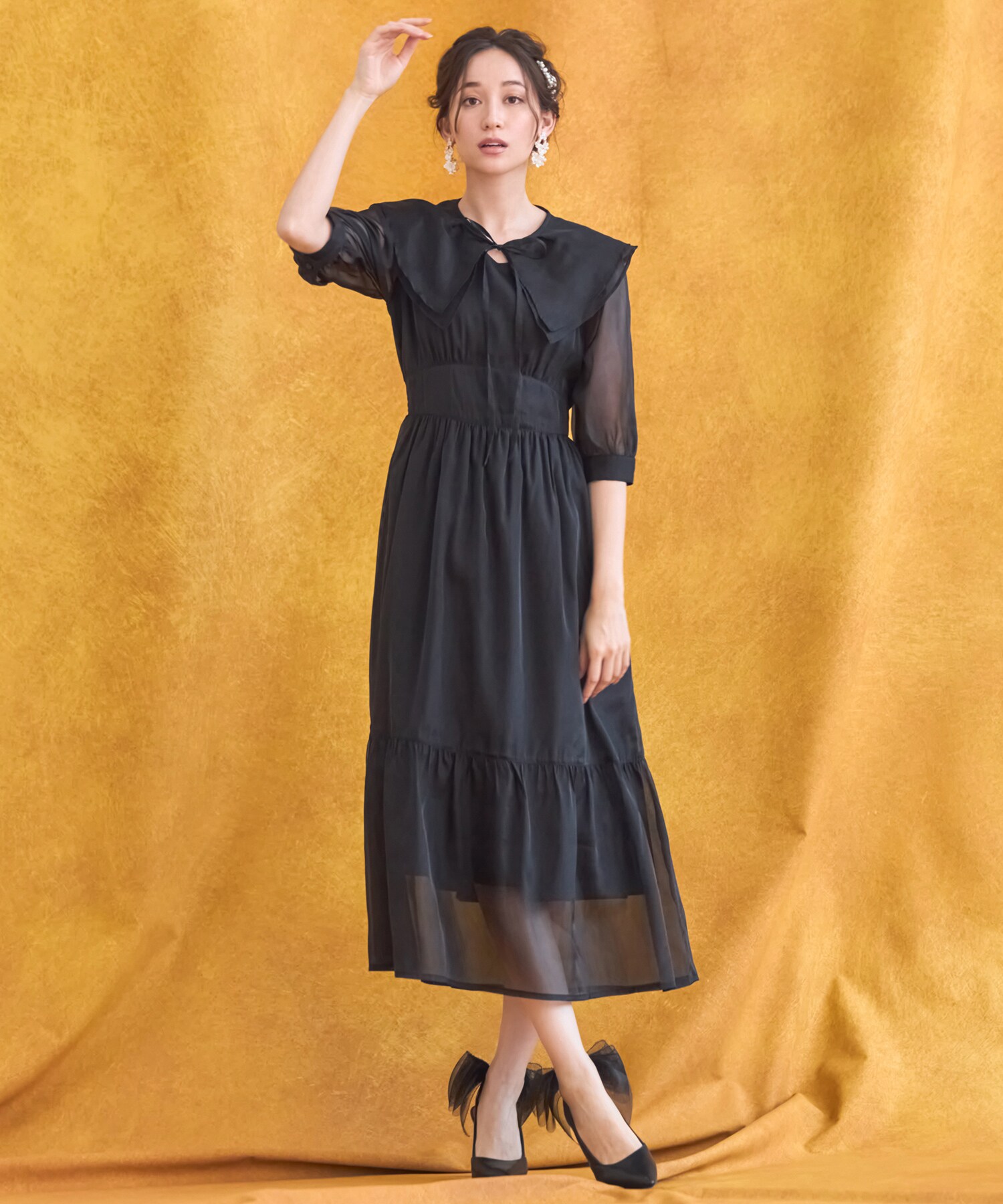 LEJA-異素材レースデコルテシアー袖リボンフロントボタンAライン美脚効果ドレス Leja（レジャ）の「【LEJA】異素材レースデコルテシアー袖リボン