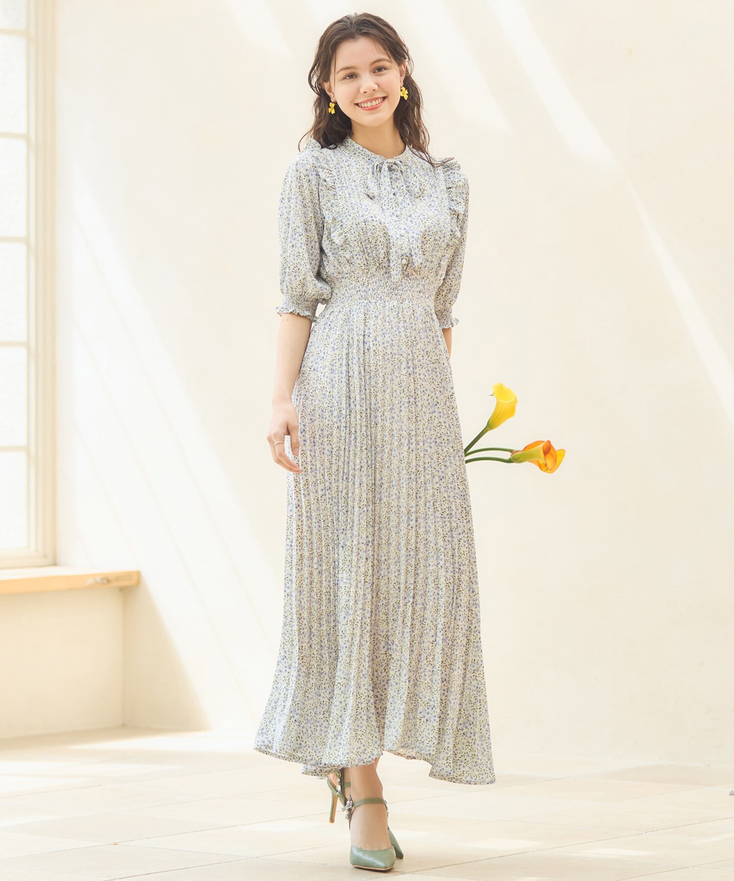ワンピース 花柄 レトロ柄 半袖 プリーツ ミモレ丈 ミディ丈