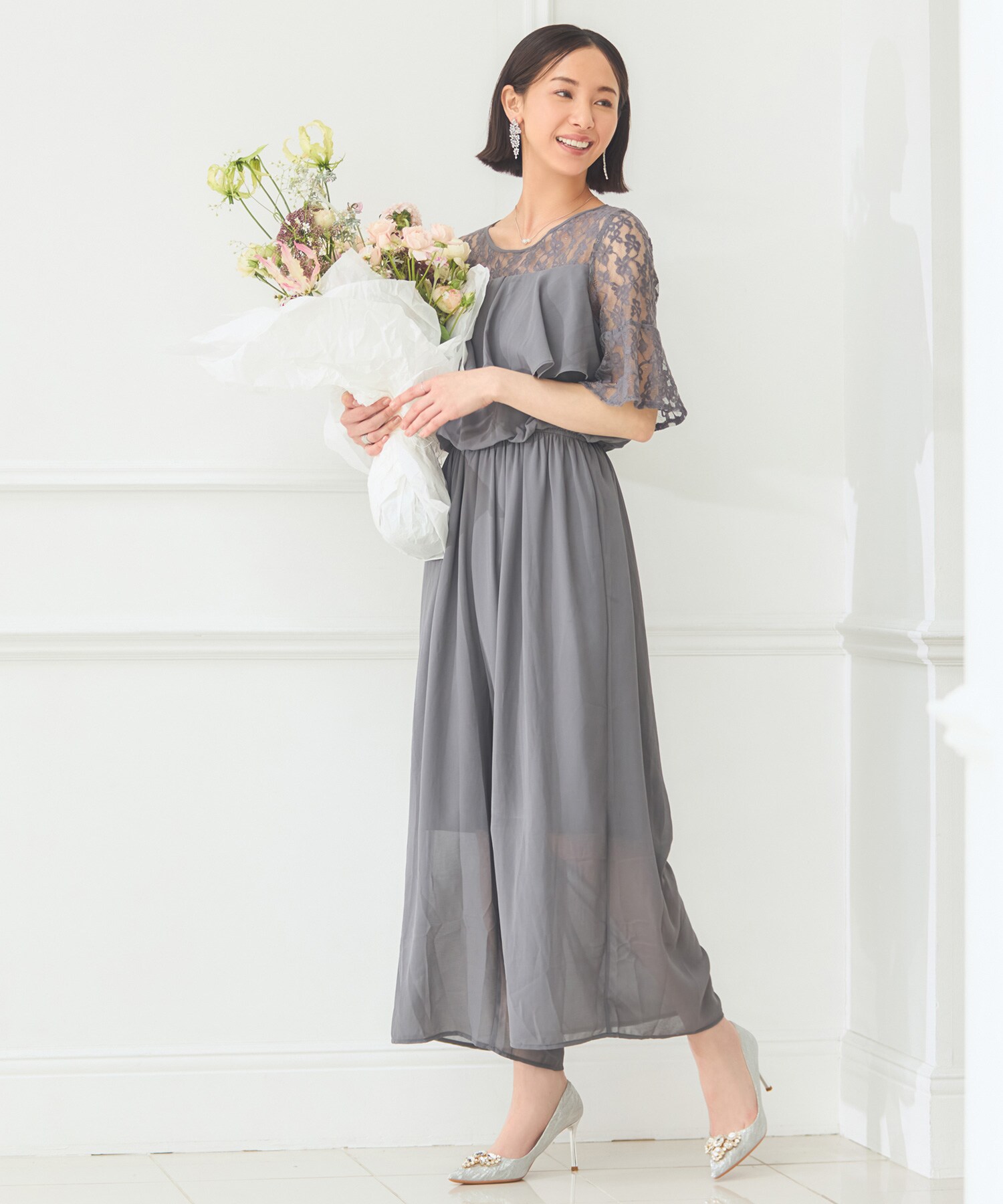 【DRESS PLUS】オールインワン ブラック Mサイズ　結婚式　ドレス パーティー 結婚式 ジャンプスーツ パンツドレス レース袖