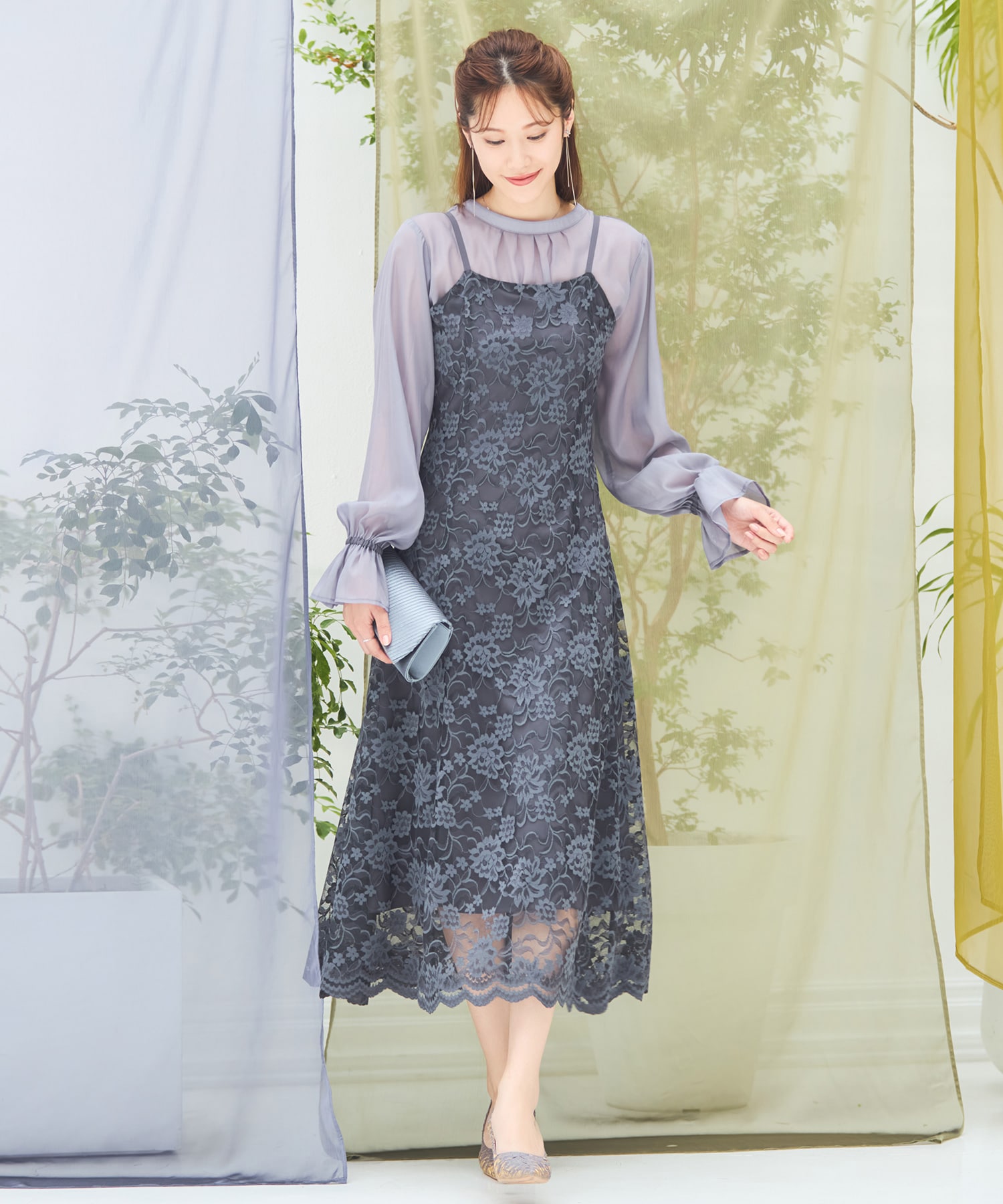 LEJA、花柄レースパフスリーブウエストリボンセットアップドレス LEJA】花柄総レースパフスリーブウエストリボンキャミワンピース