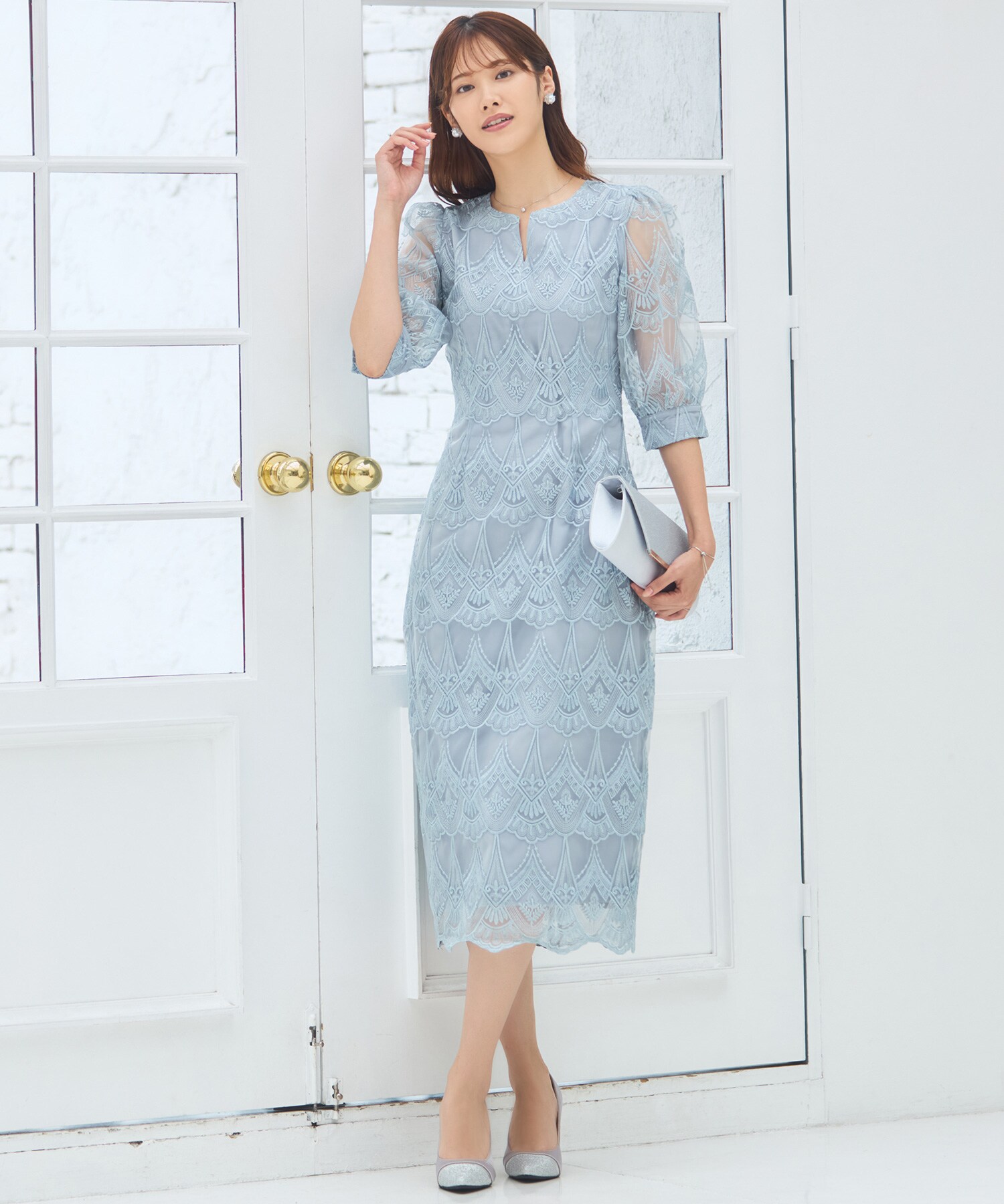 総レース ワンピース ドレス スカラップ タイト 優雅 高見え ♪ DRESS+｜ドレス ワンピース タイト レース スカラップ 結婚式