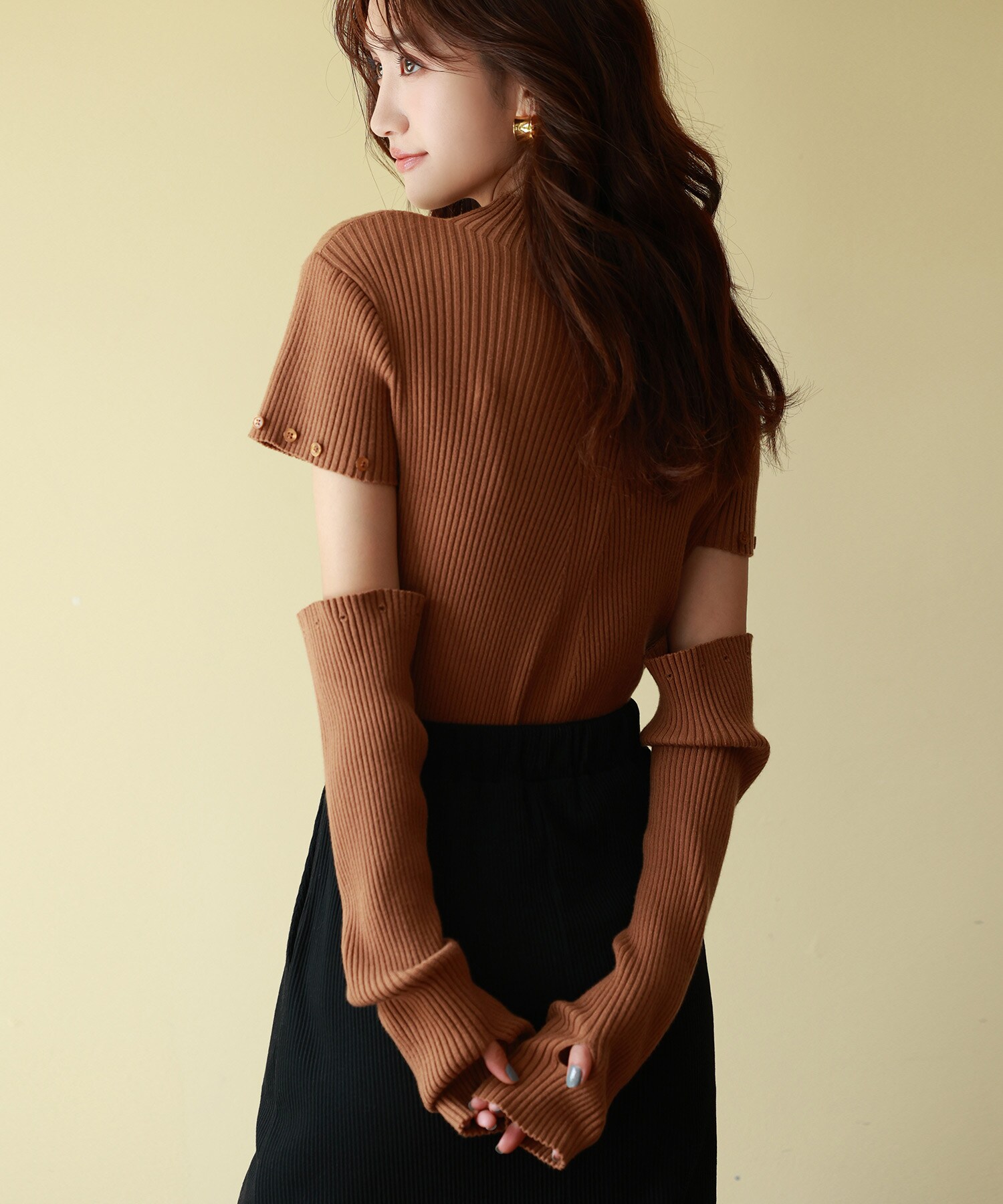 アームウォーマー付き3wayリブニットプルオーバー