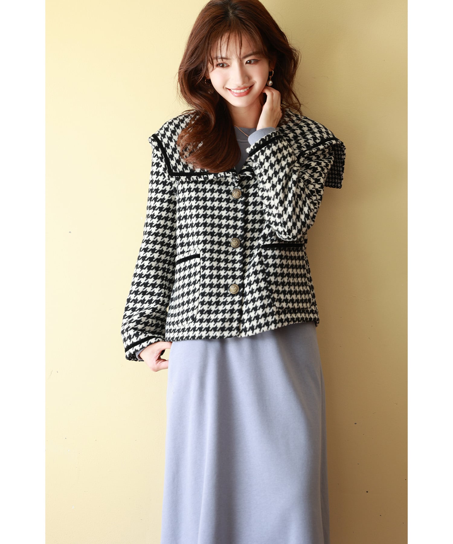 千鳥格子柄ウール混ダブルフェイスセーラーカラーショートコート
