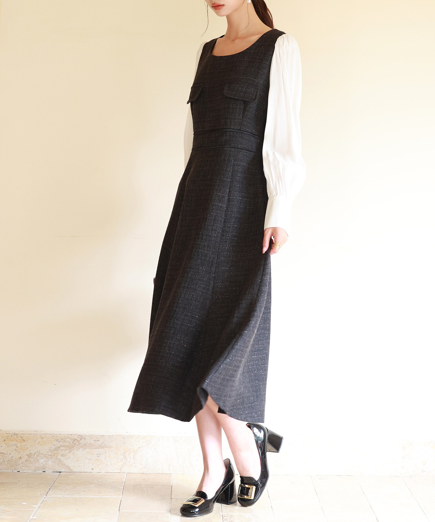 LEJA】異素材レースデコルテシアー袖リボンフロントボタンドレス