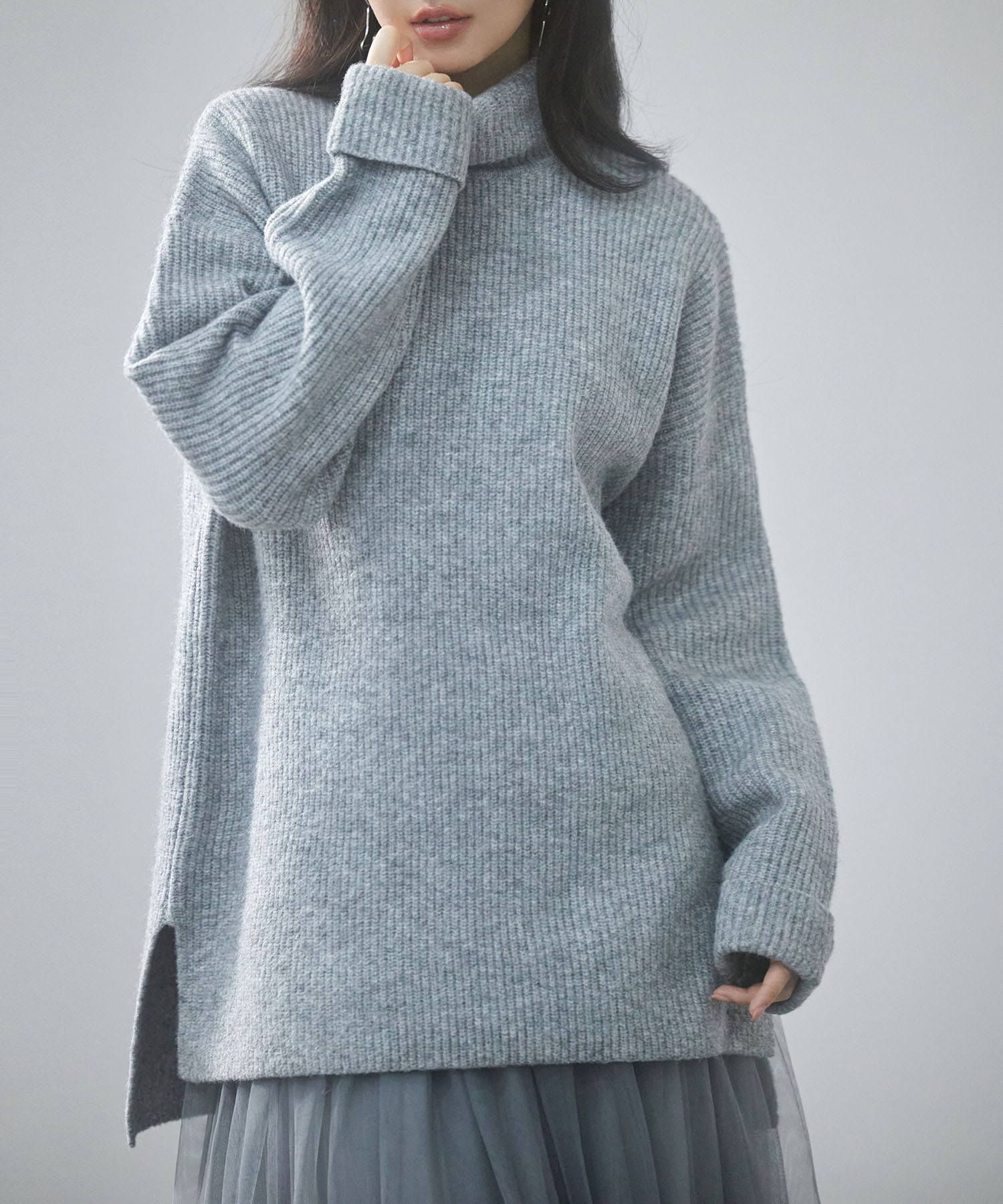 IENA　ウールカシミヤチュニックワンピース　F　グレー　カシミヤ混 ウールカシミヤ脇スリットクルーネックプルオーバー | イエナ