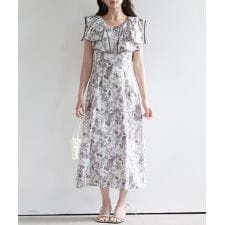 ラッフルカラー花柄ロングワンピース