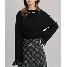 襟パール付リブ編みニットトップ