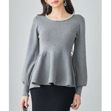 パール付きニットペプラムプルオーバー