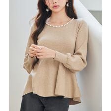 パール付きニットペプラムプルオーバー