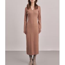 ベルト付きジョニーカラーランダムリブ編みニットワンピース