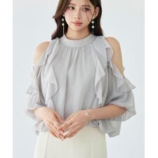 オープンショルダーフリルシフォンブラウス