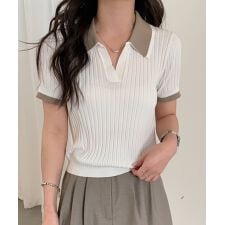 襟付きバイカラー半袖プルオーバー