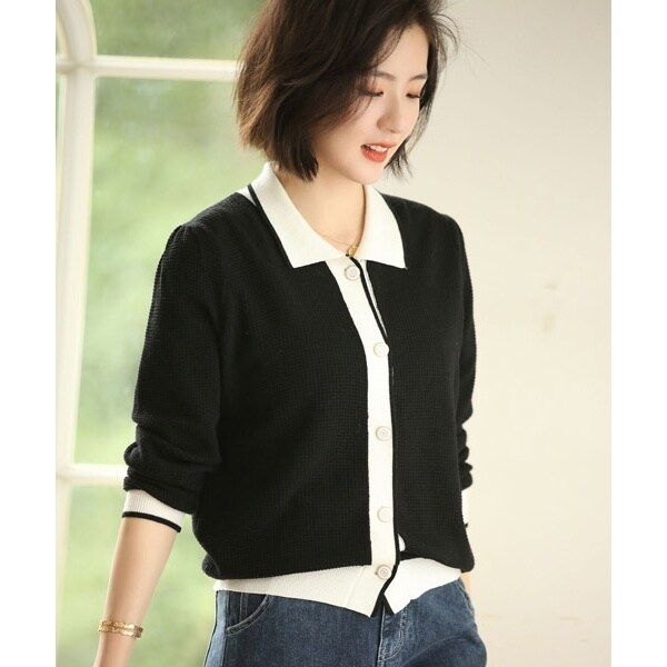 シャツカラー風バイカラーニットカーディガン | セゾン ド パピヨン