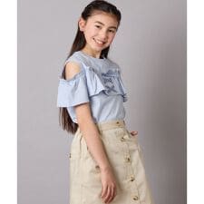 【接触冷感/ジメジメ対策/毛玉になりにくい/安心の綿100％】[100-130]フリルオフショルTシ