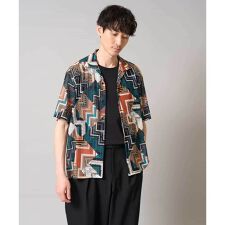 【洗濯機で洗える】ビッグ幾何柄 五分袖オープンカラーシャツ