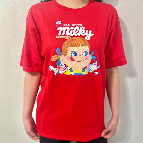ペコちゃん PEKO ユニセックス半袖Tシャツ ミルキーパッケージ レッド