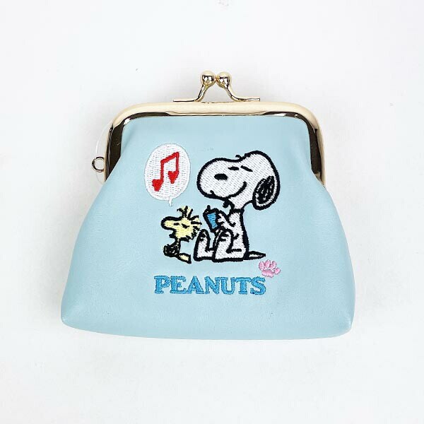 スヌーピー 刺繍がま口ミニポーチ ライトブルー SNOOPY | パーフェクト