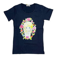 パーフェクト・ワールド・トーキョー(Perfect World Tokyo)の水森亜土 お花の少女柄 プリント半袖Tシャツ(L) ネイビー アパレル