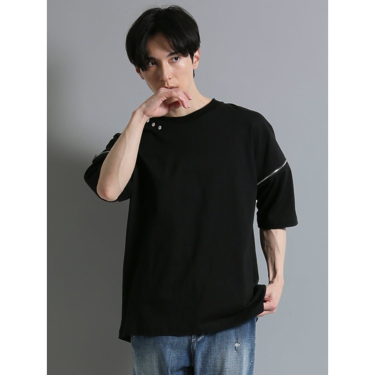 セマンティックデザイン 袖ファスナー クルーネック半袖ルーズTシャツ