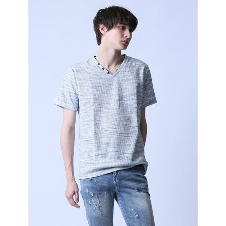 セマンティックデザイン 杢ワッフル ダブルVネック半袖Tシャツ 