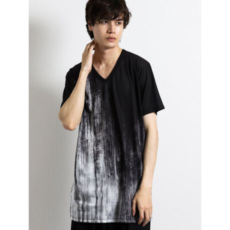 シェラック/SHELLAC アシメ総柄グラフィック Vネック半袖ロングTシャツ 