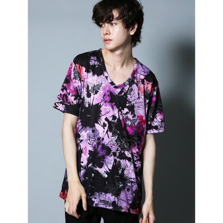 シェラック/SHELLAC 総柄グラフィックVネック半袖Tシャツ 
