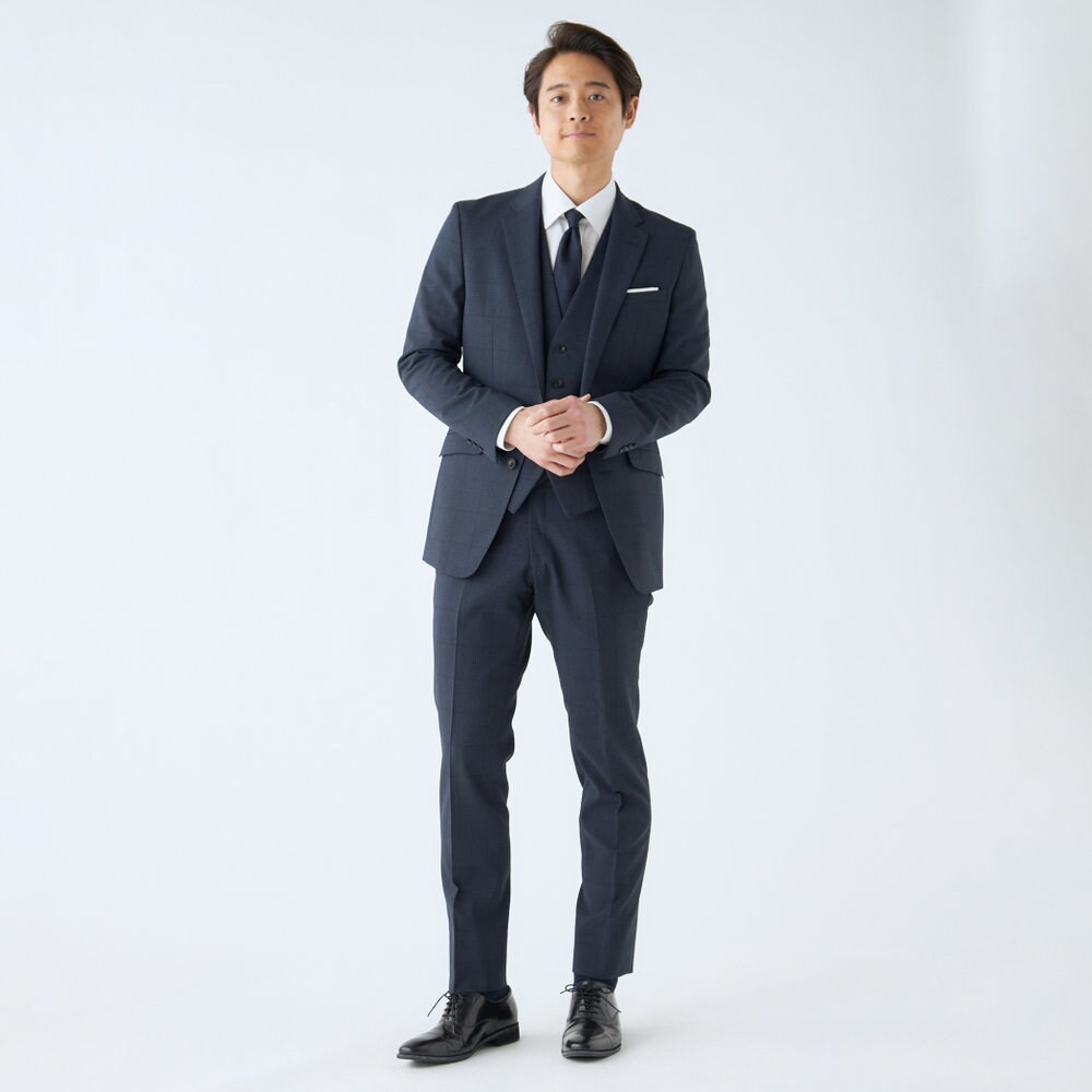 スリーピーススーツ/セレモニーにも】ノータックパンツ ネイビー