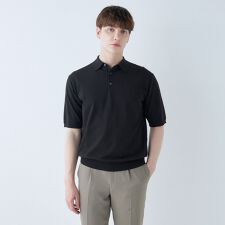 再入荷！【5分袖】コットンブレンド レトロポロシャツ ブラック マシンウォッシャブル