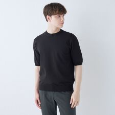 【5分袖】クルーネックニット ブラック マシンウォッシャブル コットンブレンド