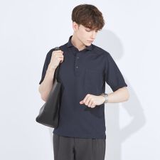 スーツセレクト(SUIT SELECT)のWEB限定【5分袖】カッタウェイ ビズポロシャツ ネイビー ノーアイロン ストレッチ素材 形態安定