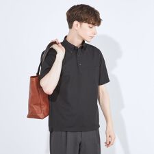 スーツセレクト(SUIT SELECT)のWEB限定【5分袖】ボタンダウン ビズポロシャツ ブラック ノーアイロン ストレッチ素材 形態安定