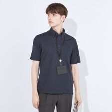 スーツセレクト(SUIT SELECT)のWEB限定【5分袖】ボタンダウン ビズポロシャツ ネイビー ノーアイロン ストレッチ素材 形態安定