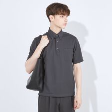 スーツセレクト(SUIT SELECT)のWEB限定【5分袖】ボタンダウン ビズポロシャツ ダークグレー ノーアイロン ストレッチ 形態安定