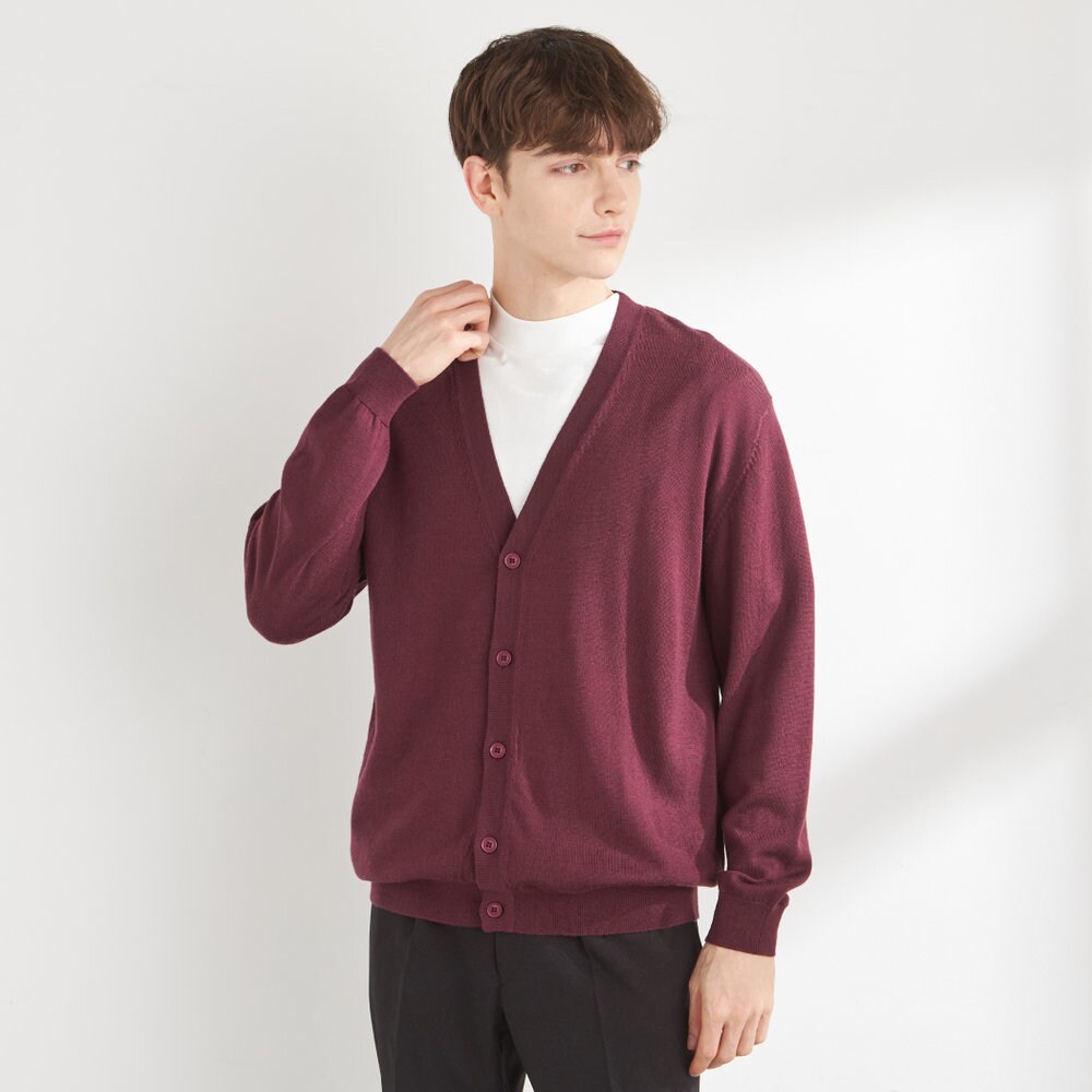 洗えるニットカーディガン】メリノウール100％使用 ワインレッド