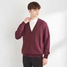 【洗えるニットカーディガン】メリノウール100％使用 ワインレッド マシンウォッシャブル