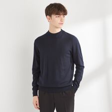 洗えるニット】モックネックセーター メリノウール100％使用 ネイビー 