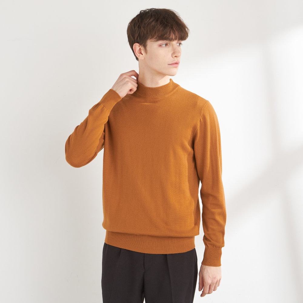 洗えるニット】モックネックセーター メリノウール100％使用 オレンジ