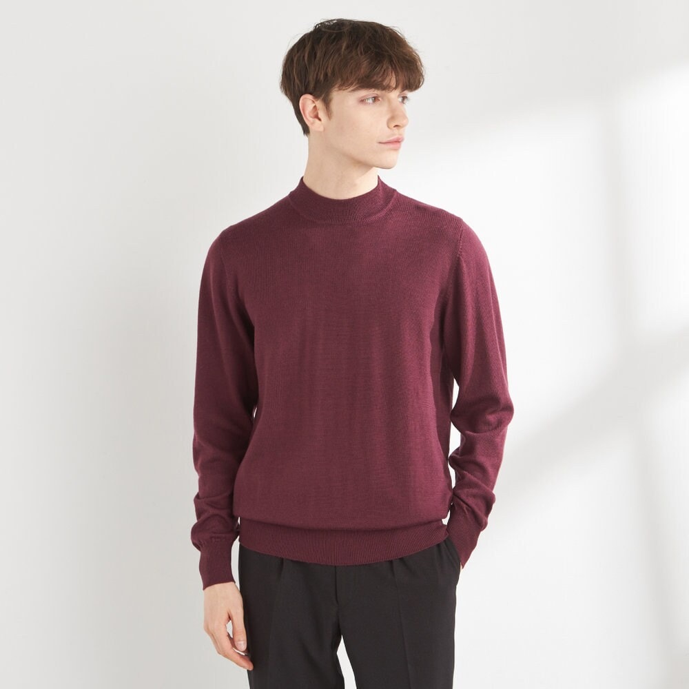 まもなくセール終了　ドルモア　モックネック　ニット　ワイン　ボルドー　46 洗えるニット】モックネックセーター メリノウール100％使用 ワイン