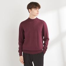 洗えるニット】モックネックセーター メリノウール100％使用 ワイン 