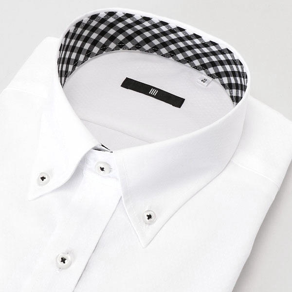 ボタンダウンシャツ/白×ドビーストライプ/襟袖裏別布：白＆黒チェック